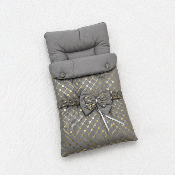 China Velvet Baby Sleeping Bag – Grey Gold with Bow Detail
